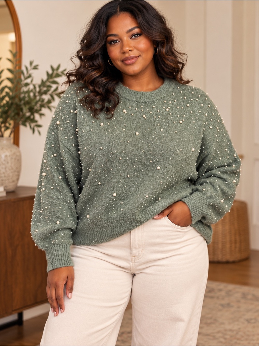 Pearl-Embellished Sage Green / Olive Green Cozy Knit Crewneck Sweater -H&M SizeM